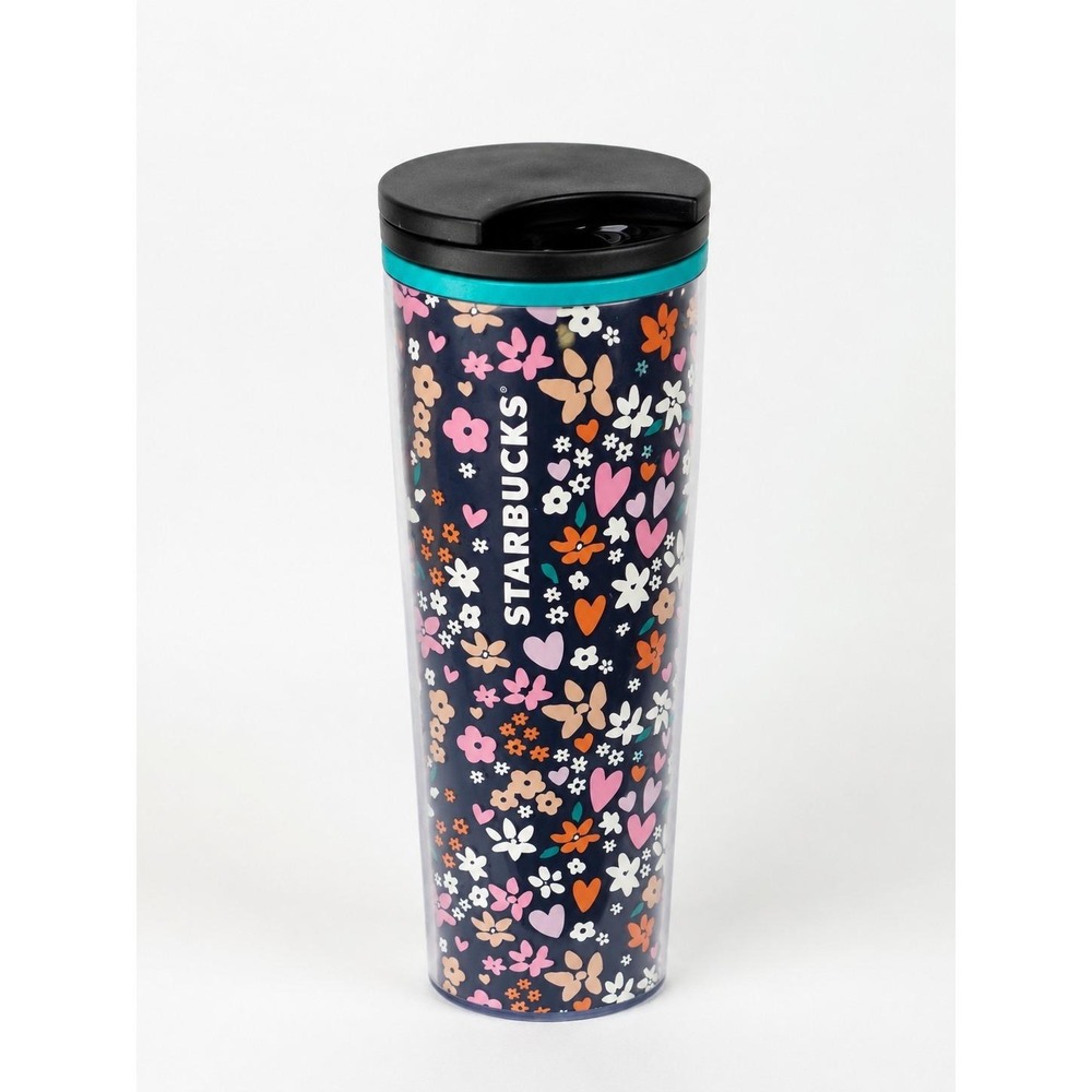 Starbucks 16 oz Insulated Travel Tumbler Floral Hearts Butterflies Teal Mug